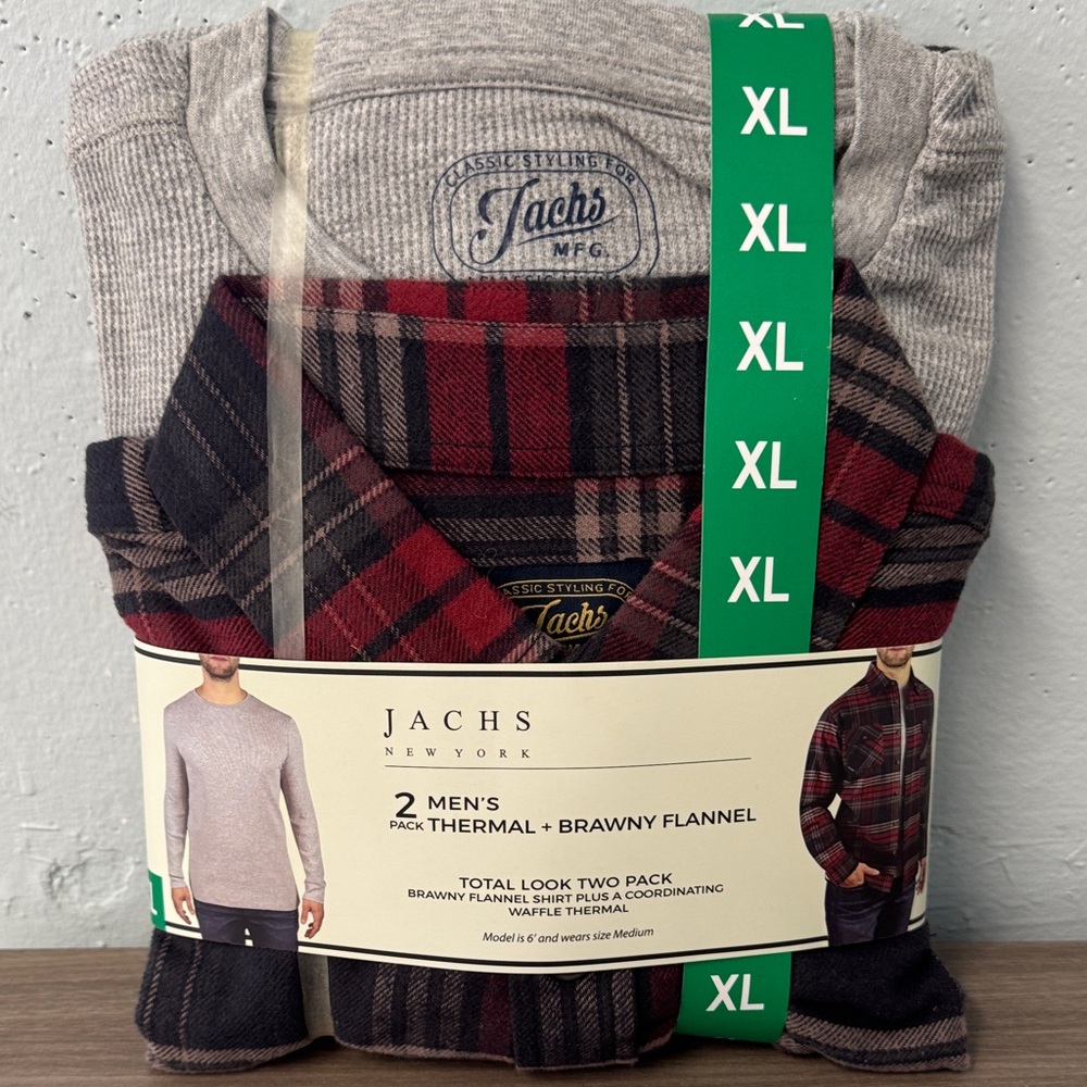 Jachs men’s Gray Thermal and Red Plaid Flannel Set